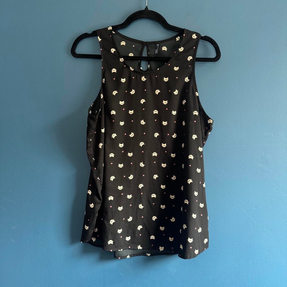 C&A Cat Tank Top Women's Size Large Black White Meow Sleeveless Twee Tumblr
